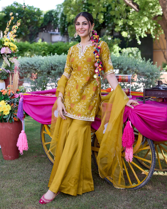 Naqsh Mustard Bandhani Chanderi Sharara Set