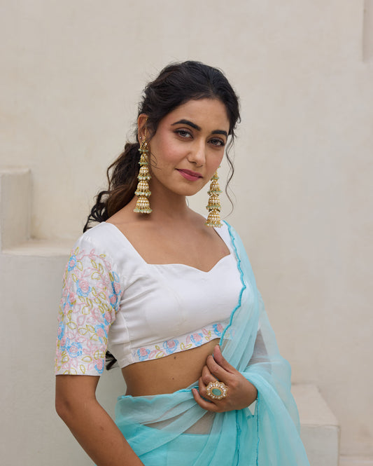 Meadow Whisper White Chanderi Embroidered Blouse My Store