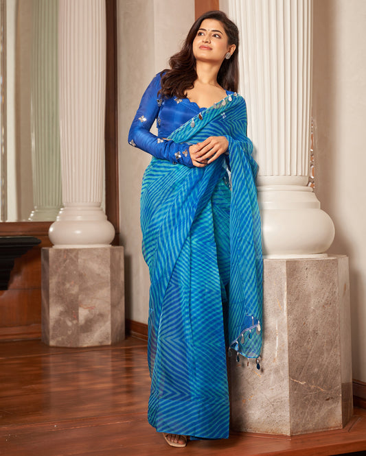 Neeru Blue Leheriya Organza Pre Draped Saree Quick Cart