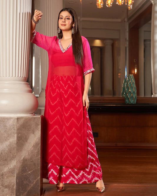Arya Red Pink Ombre Leheriya Organza Kurta Set My Store