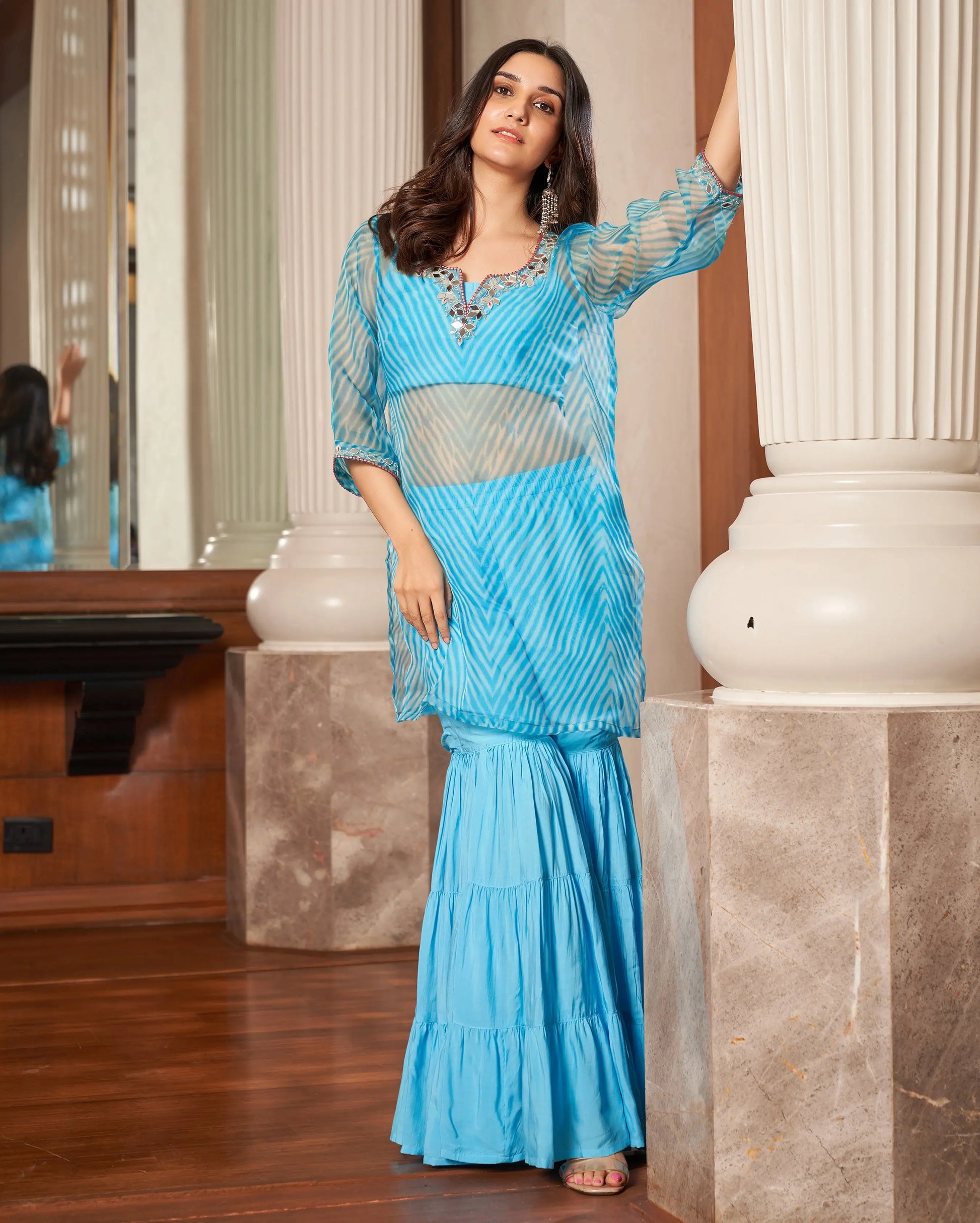 Tijori Light Blue Leheriya Organza Sharara Set My Store