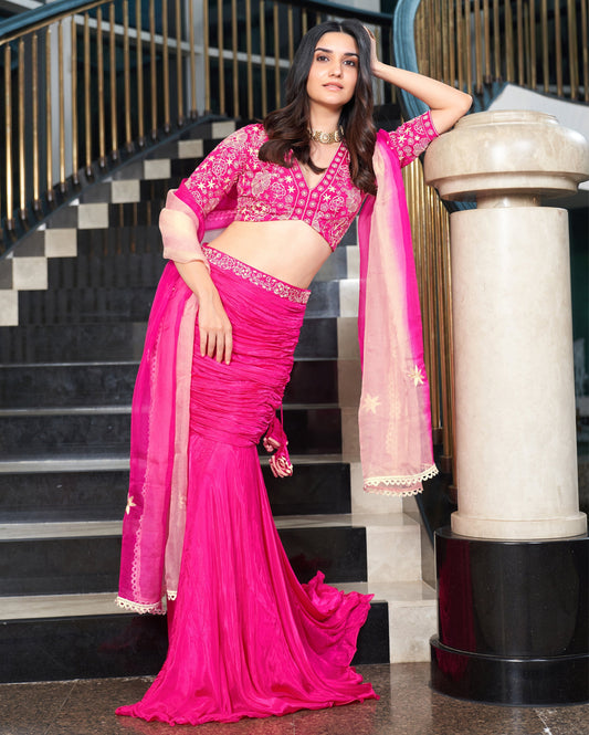 Razzle Pink Embroidered Tabby Silk Lehenga Set Quick Cart