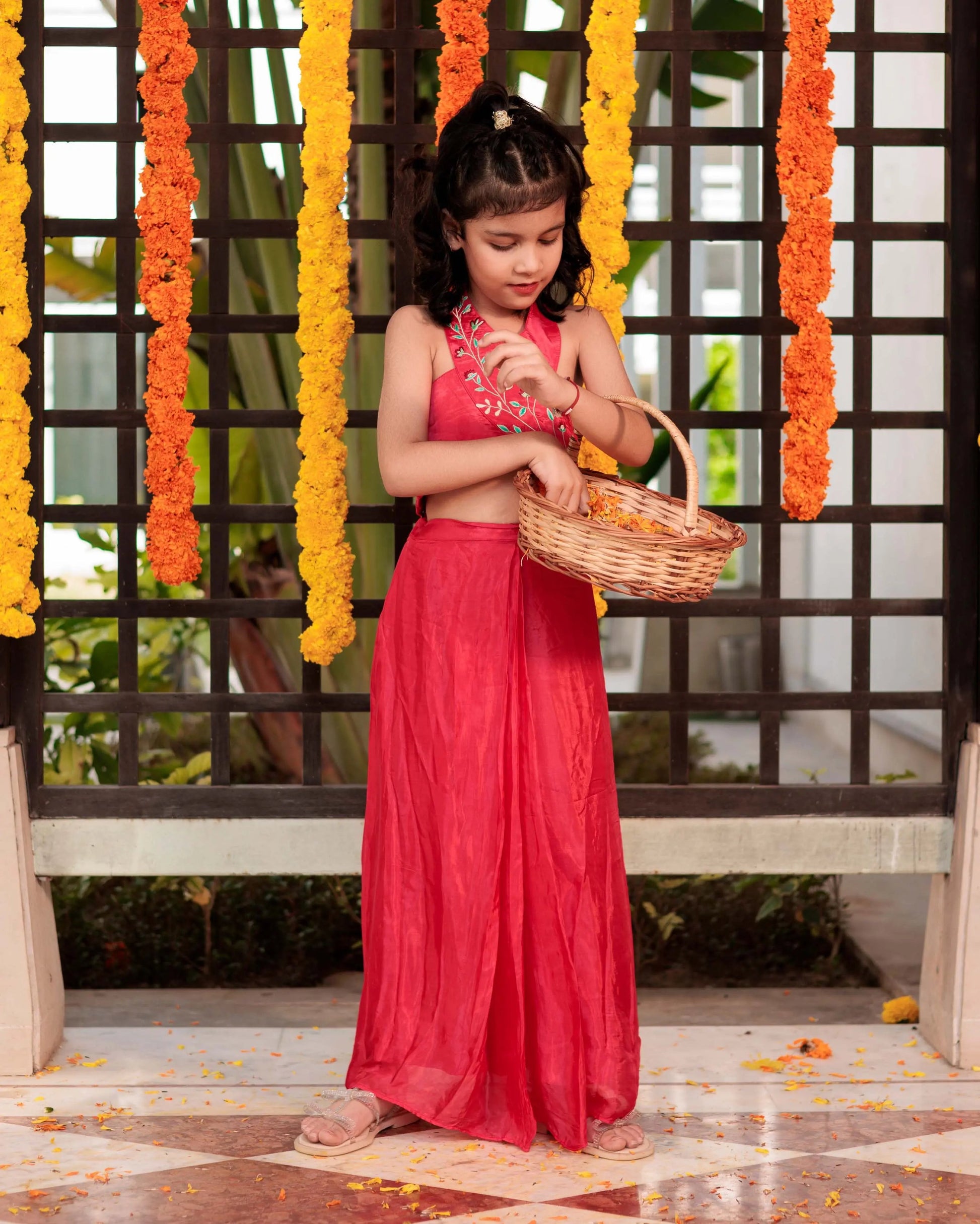 Blushing Bloom Red Silk Drape Skirt Coord Set My Store