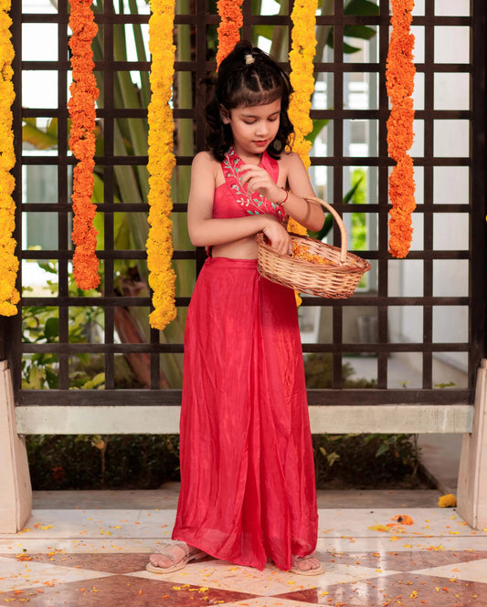 Blushing Bloom Red Silk Drape Skirt Coord Set My Store