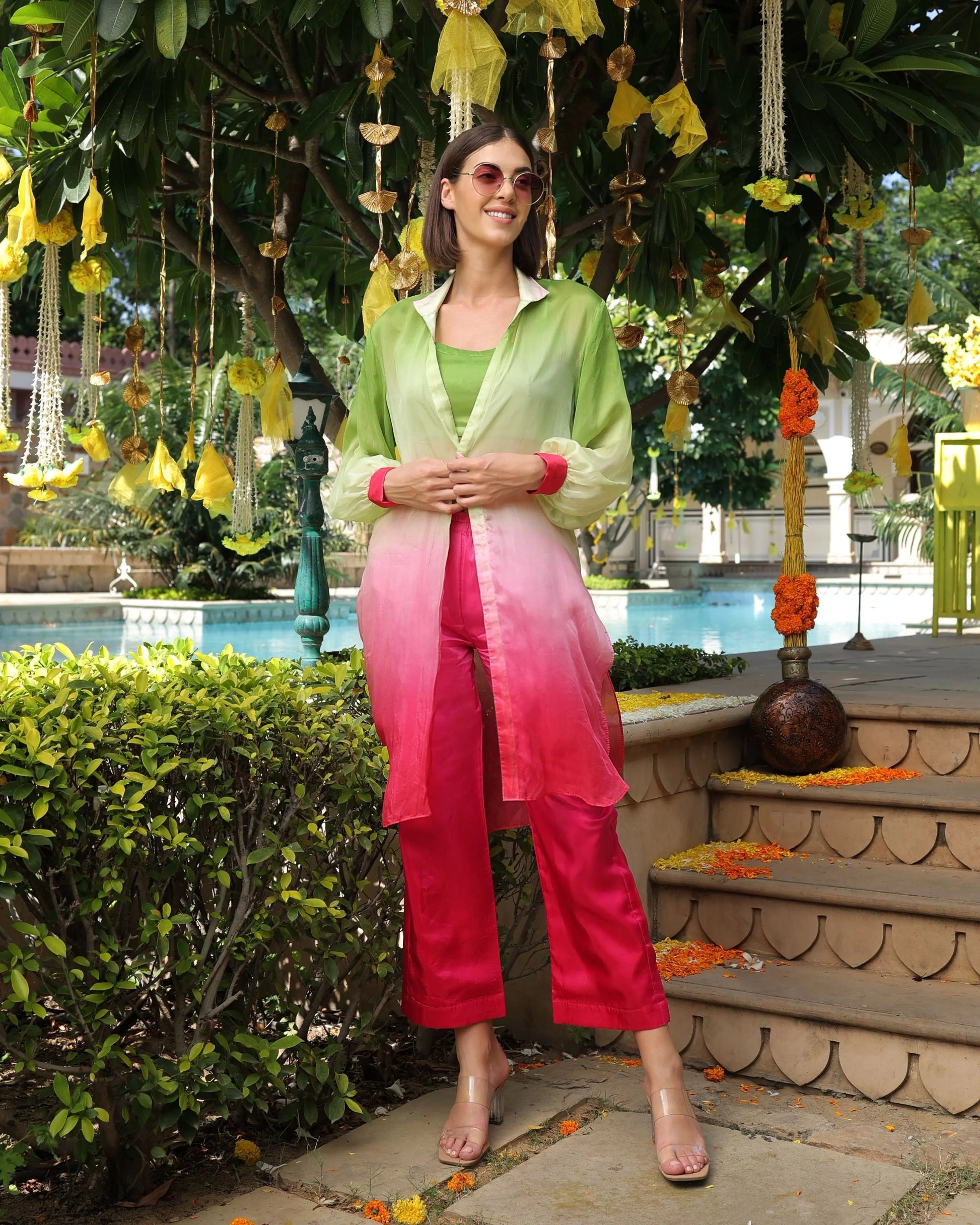 Emerald Green Pink Ombre Silk Coord Set My Store