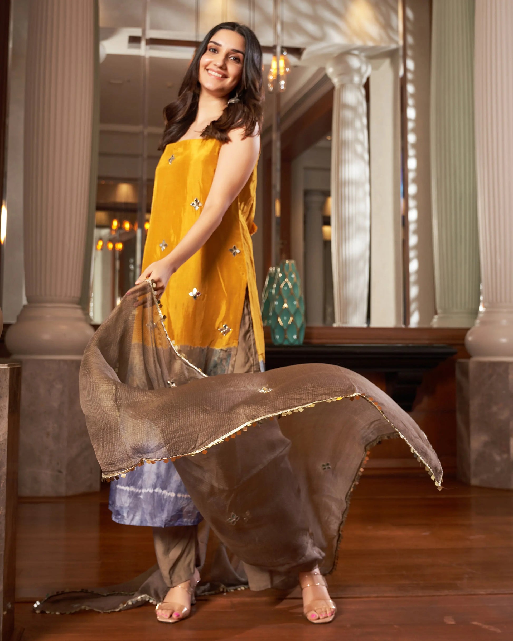 Avni Yellow Grey Tie-Dye Chanderi Suit Set My Store
