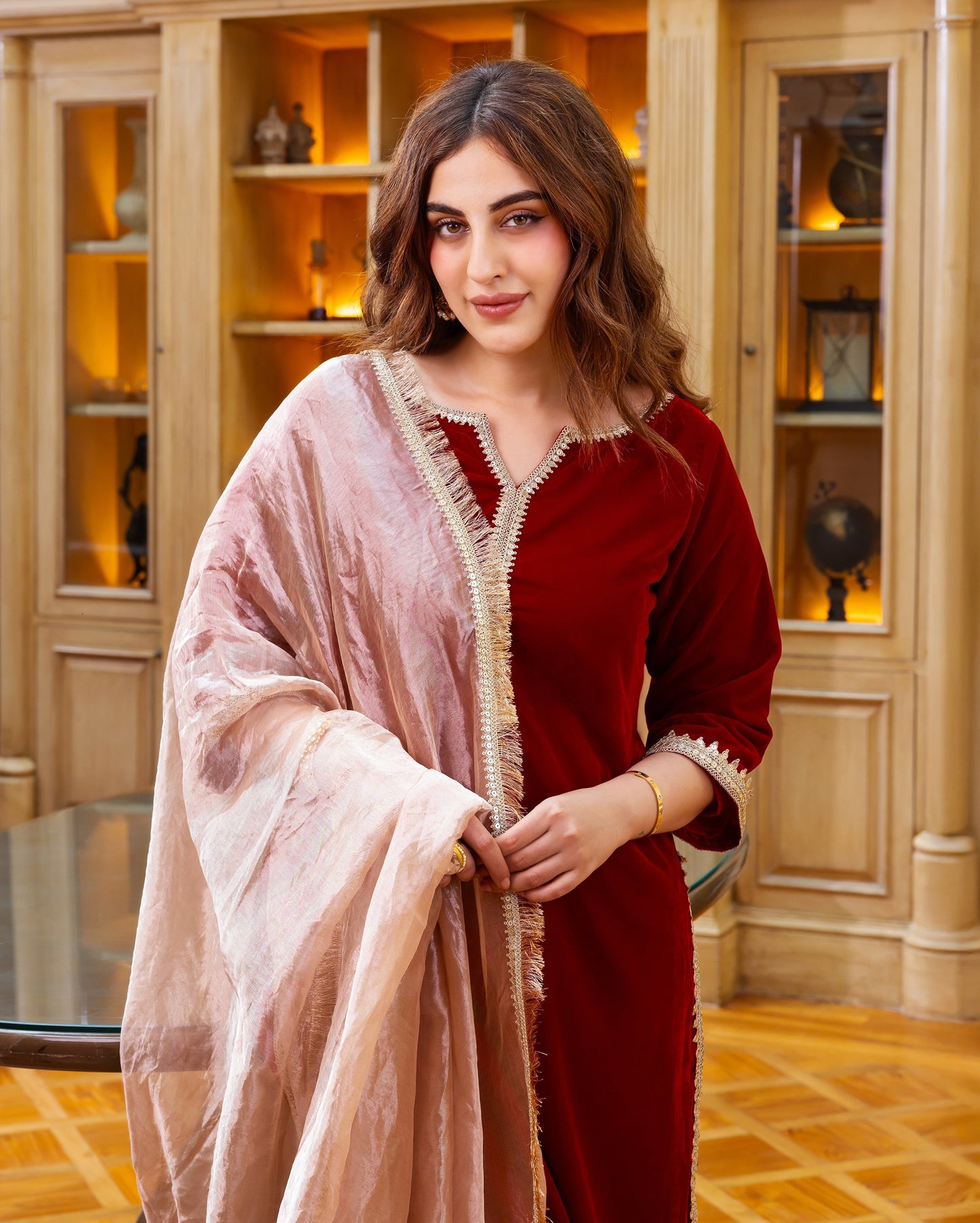 Raha Red Solid Velvet Suit Set My Store