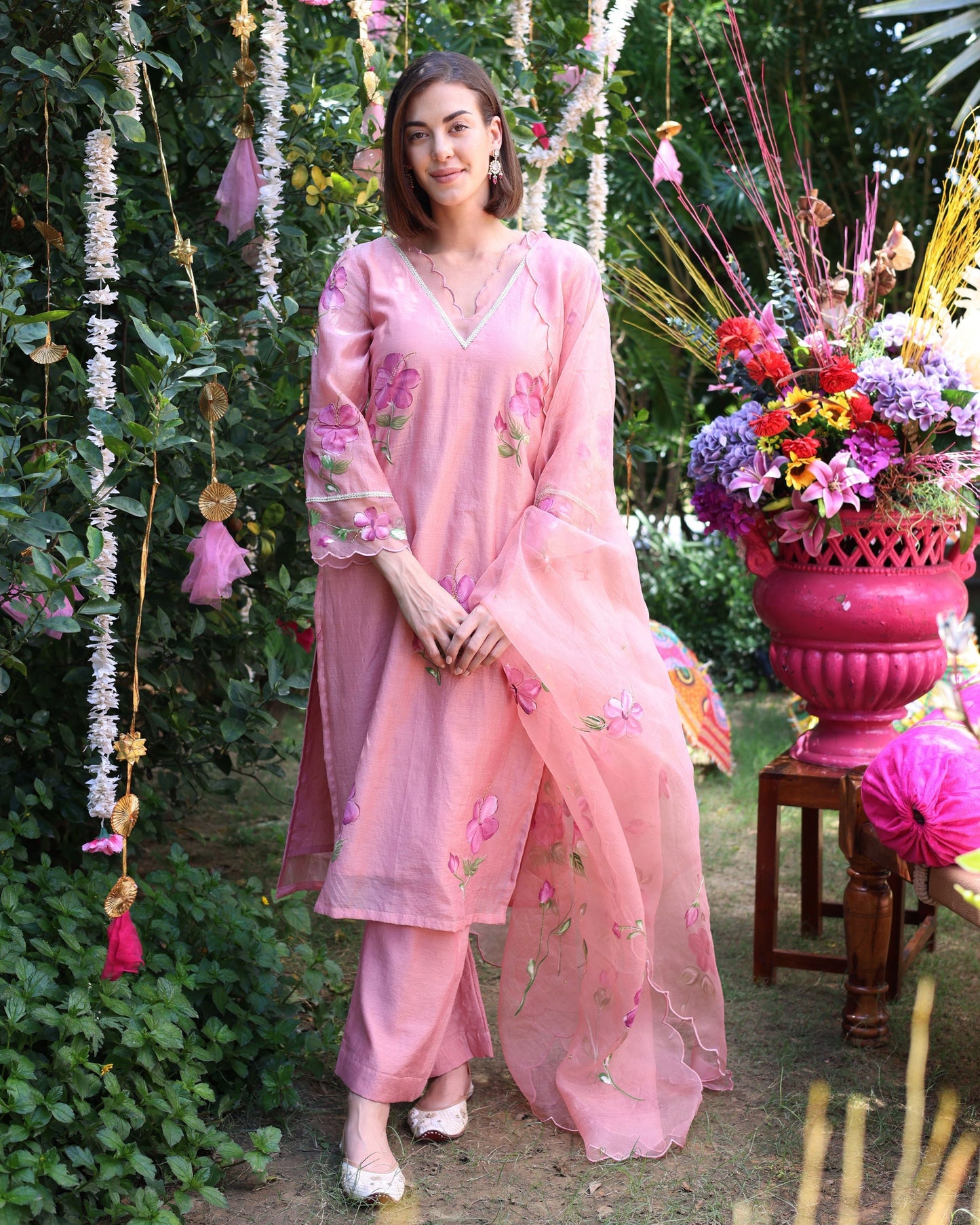 Peach Dream Handpainted Chanderi Suit Set Quick Cart