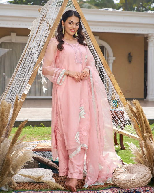 Disha Pink Applique Organza Kurta Set My Store