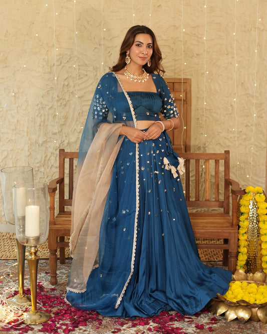Phuljhadi Blue Handcrafted Satin Lehenga Set My Store