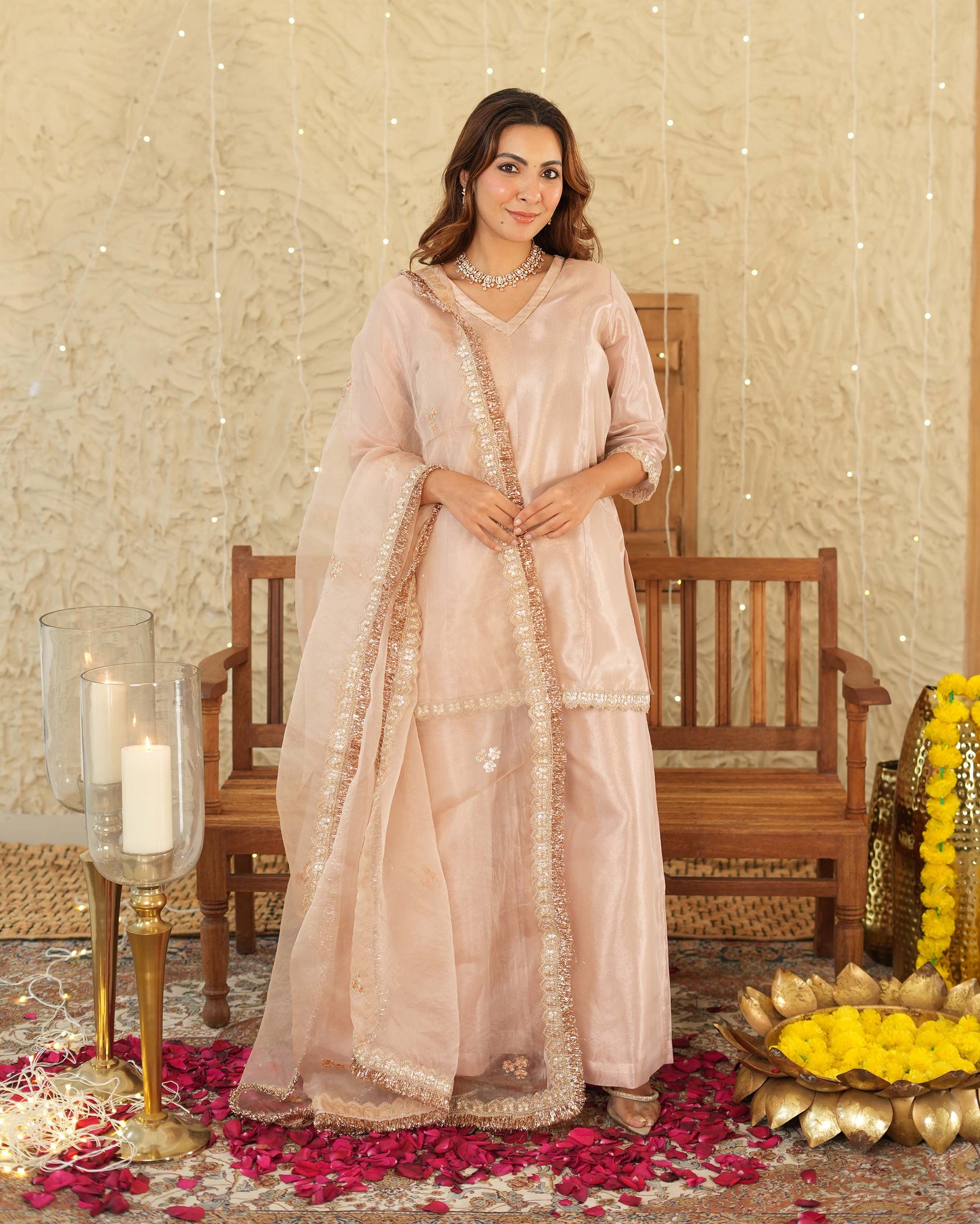 Pataka Beige Solid Tissue Suit Set Quick Cart