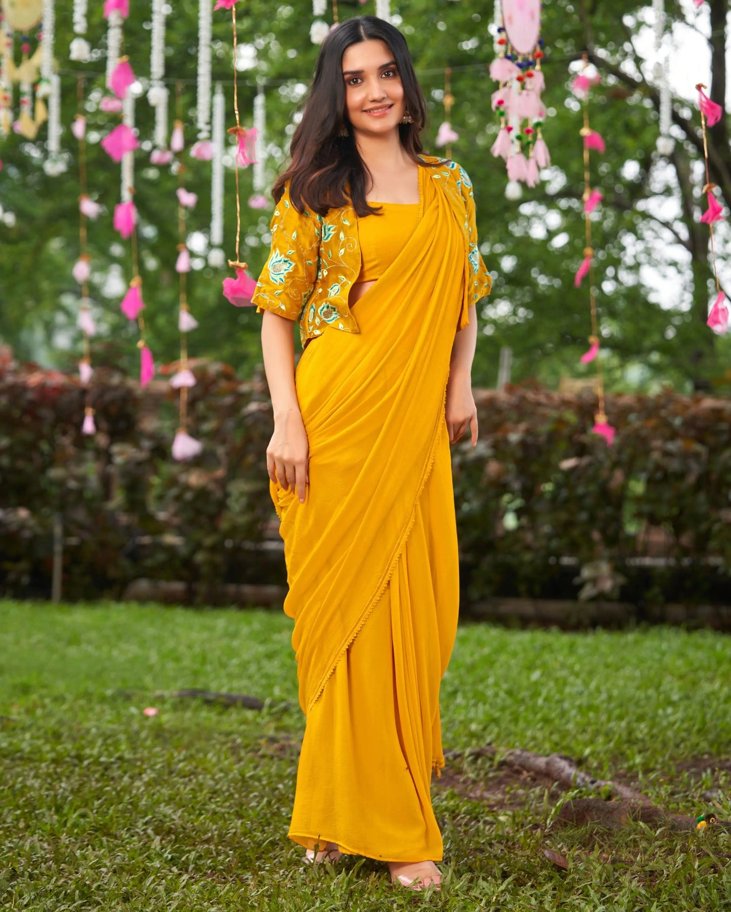 Uday Mustard Yellow Embroidered Chinon Pre Draped Saree My Store