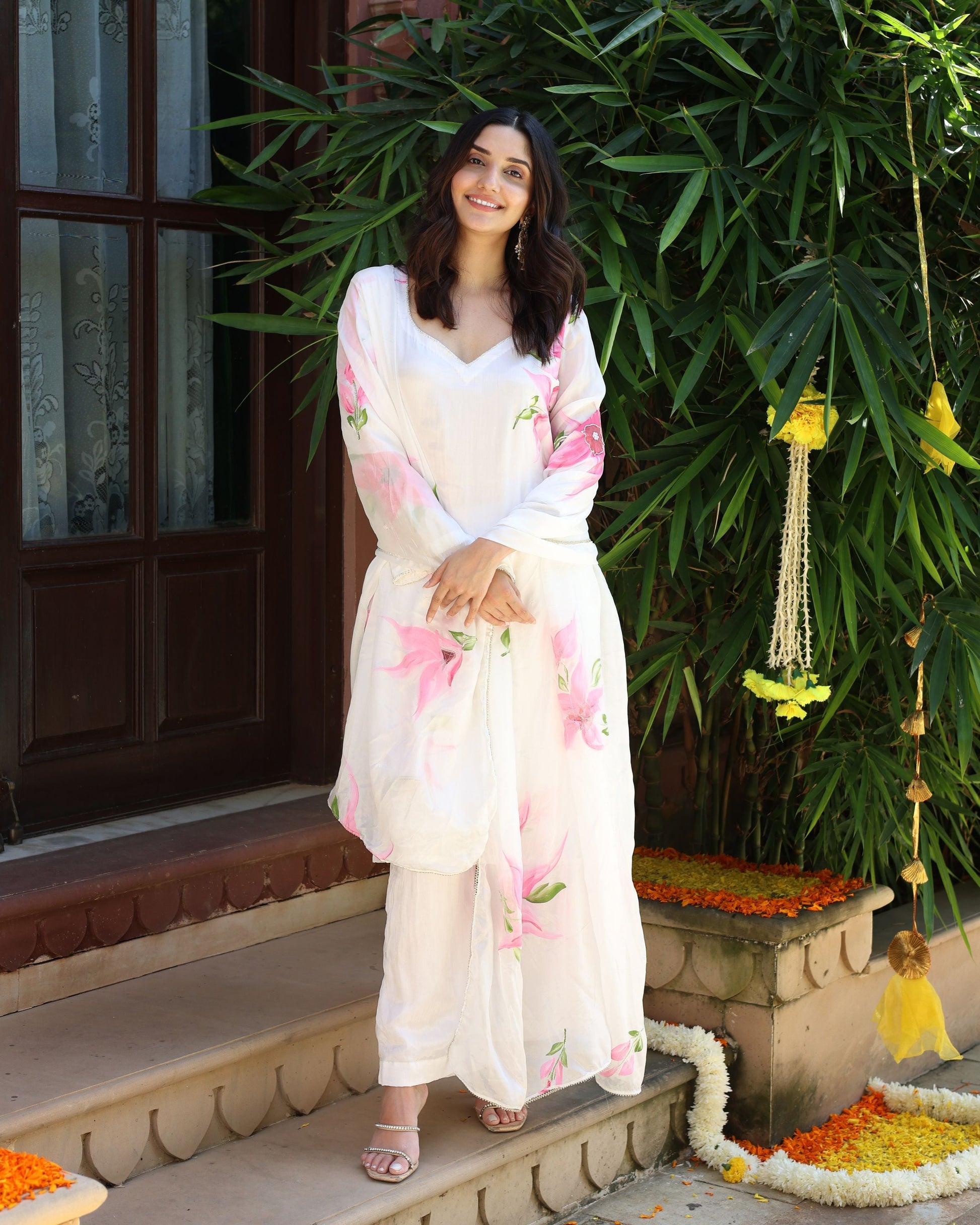 Vanilla Mist Handpainted Silk Suit Set Quick Cart