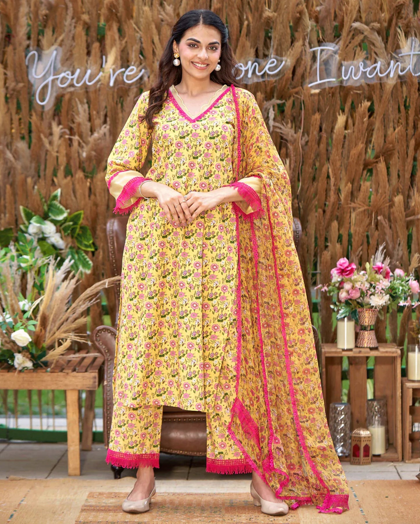 Flora Yellow Printed Cotton Suit Set My Store