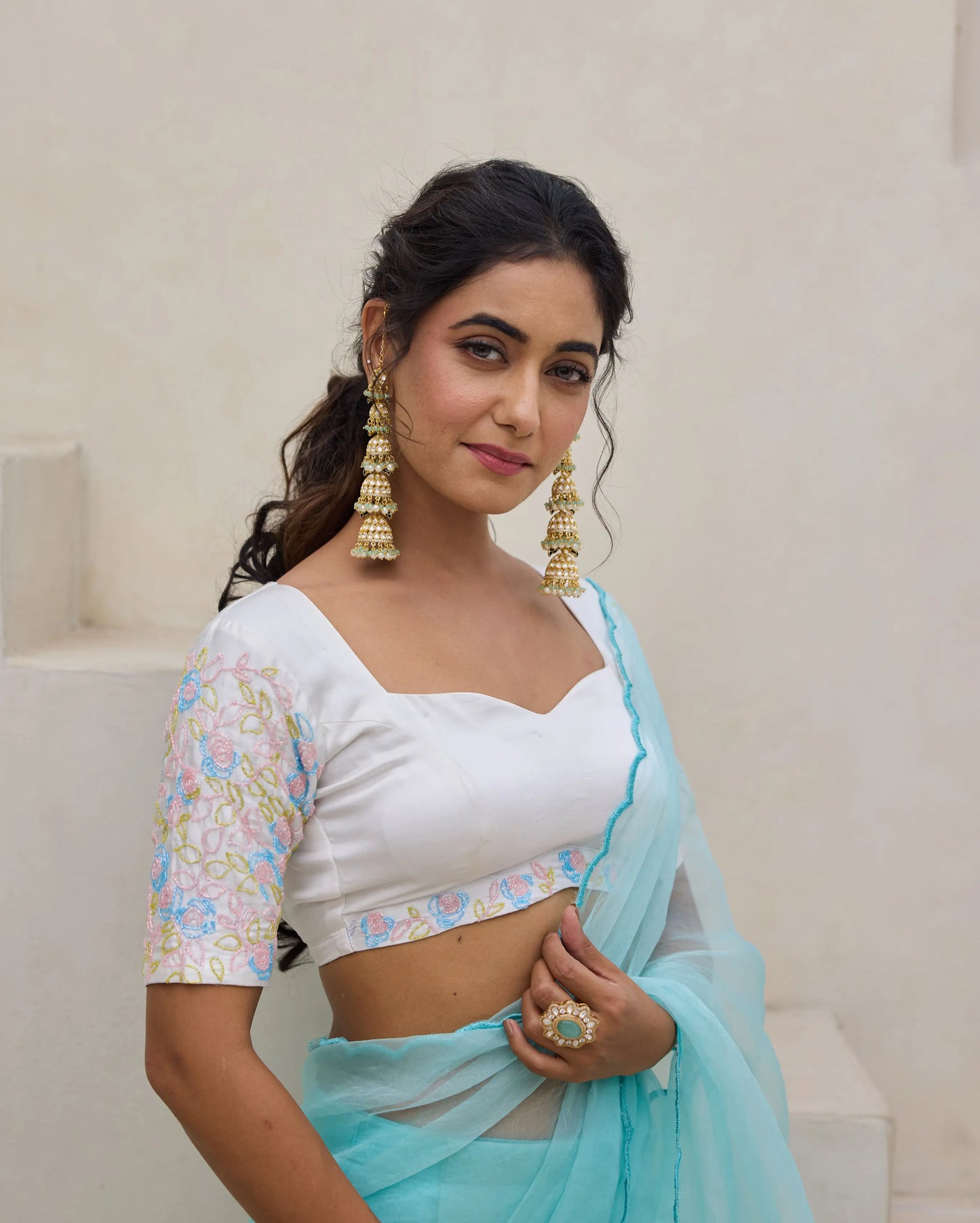 Meadow Whisper White Chanderi Embroidered Blouse My Store