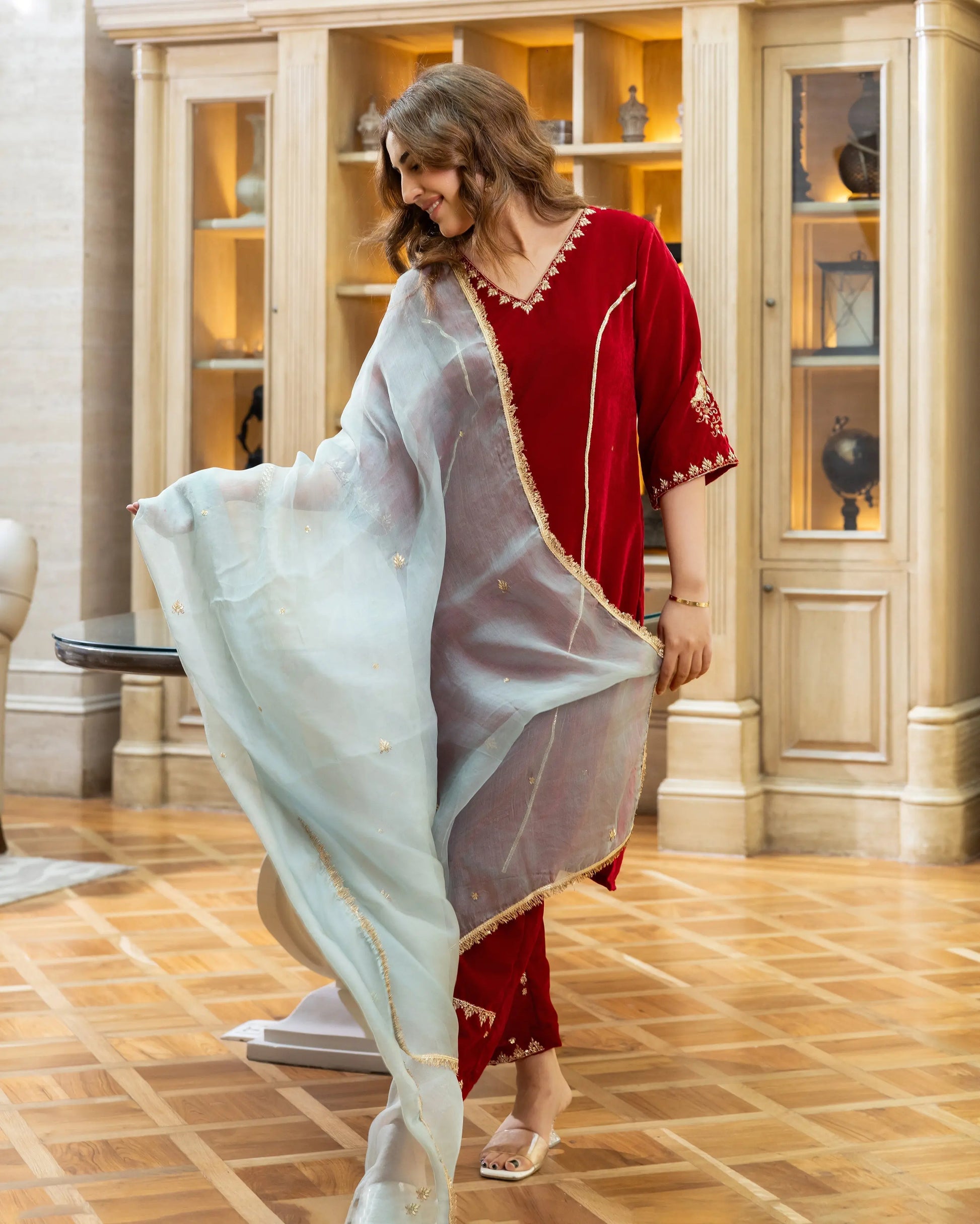 Jasper Red Embroidered Velvet Suit Set My Store