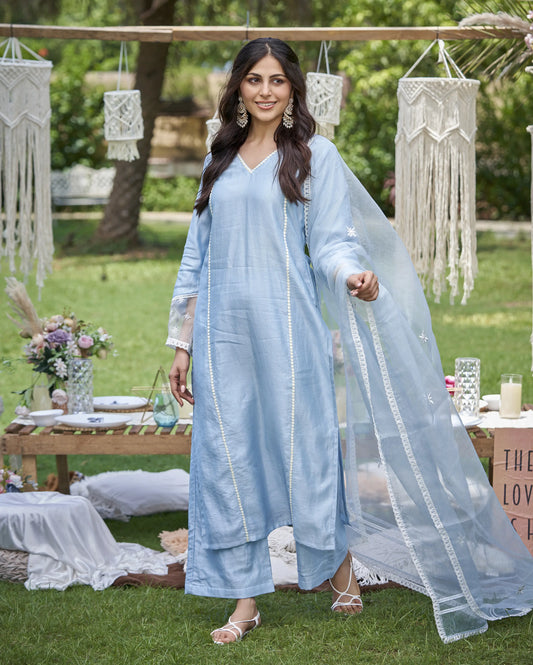 Revin Pastel Blue Embroidered Chanderi Kurta Set My Store