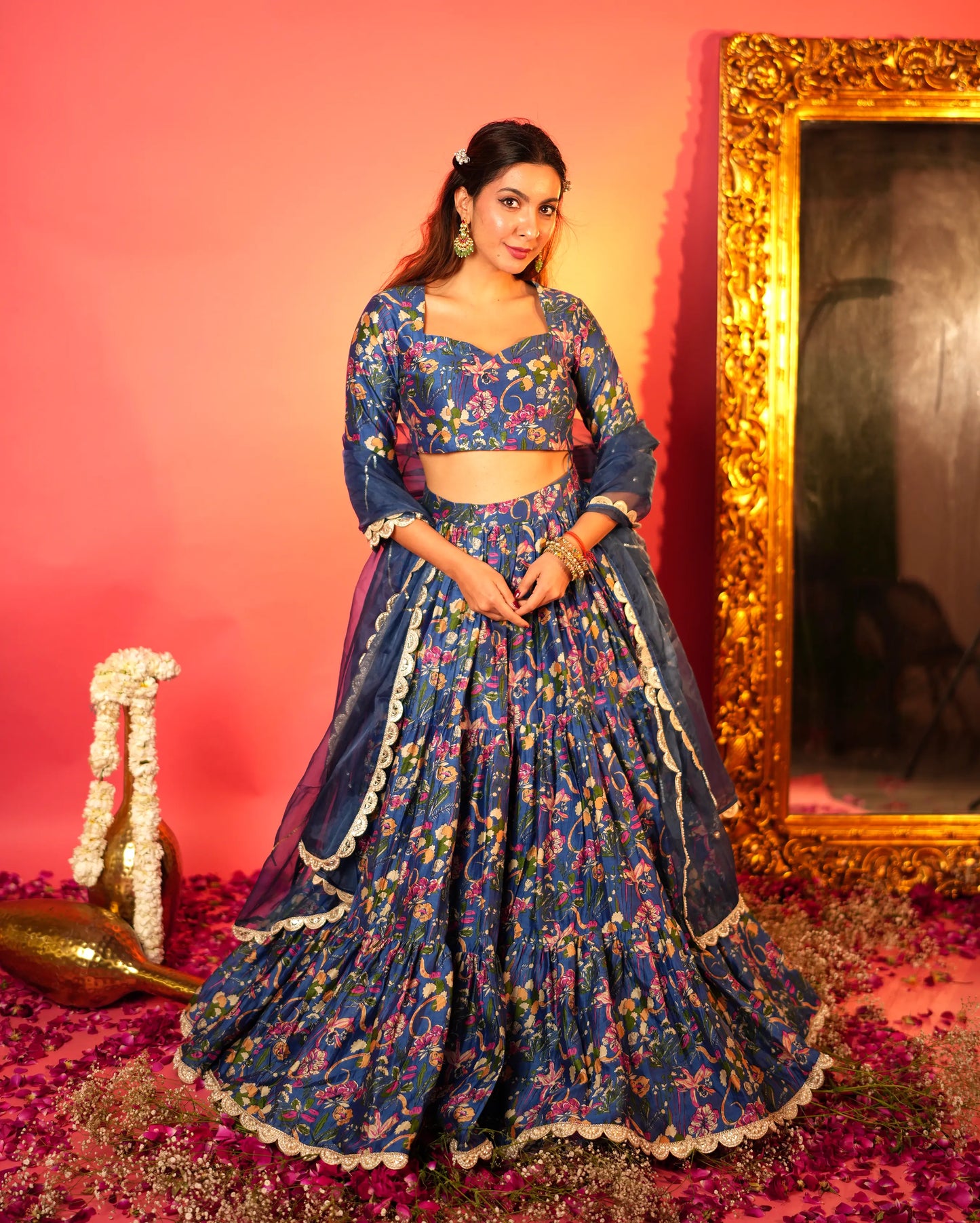 Neelam Blue Printed Chanderi Lehenga Set My Store