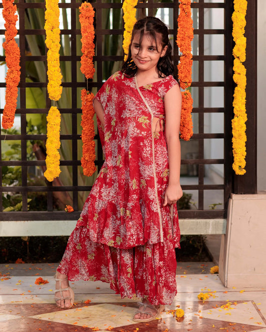 Scarlet Siren Red Georgette Cape Sharara Set My Store