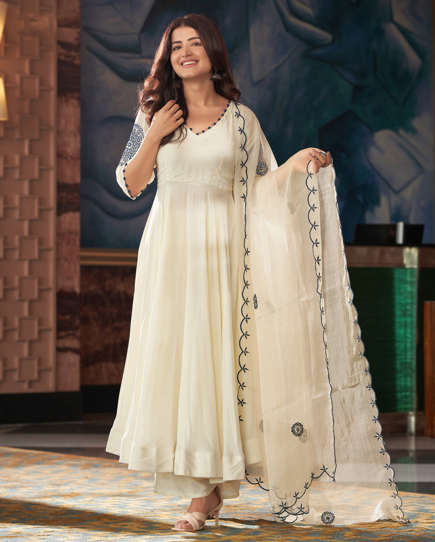 Kalakriti Blue Cream Embroidered Muslin Silk Suit Set Quick Cart