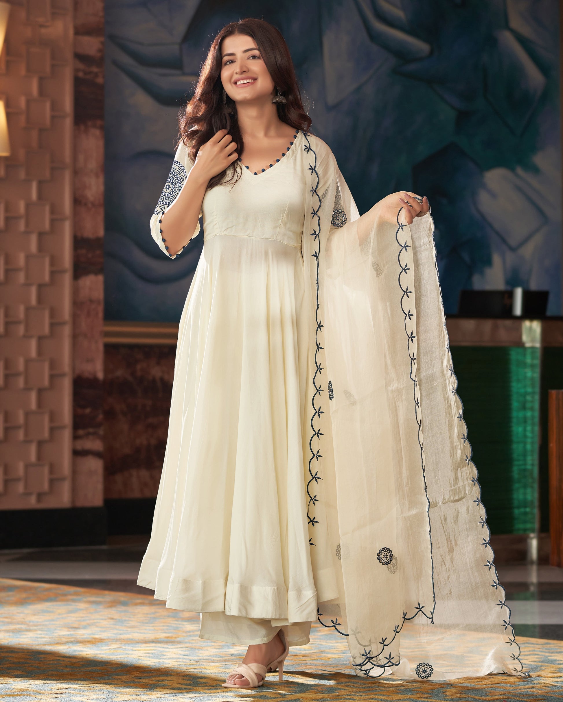 Kalakriti Blue Cream Embroidered Muslin Silk Suit Set Quick Cart