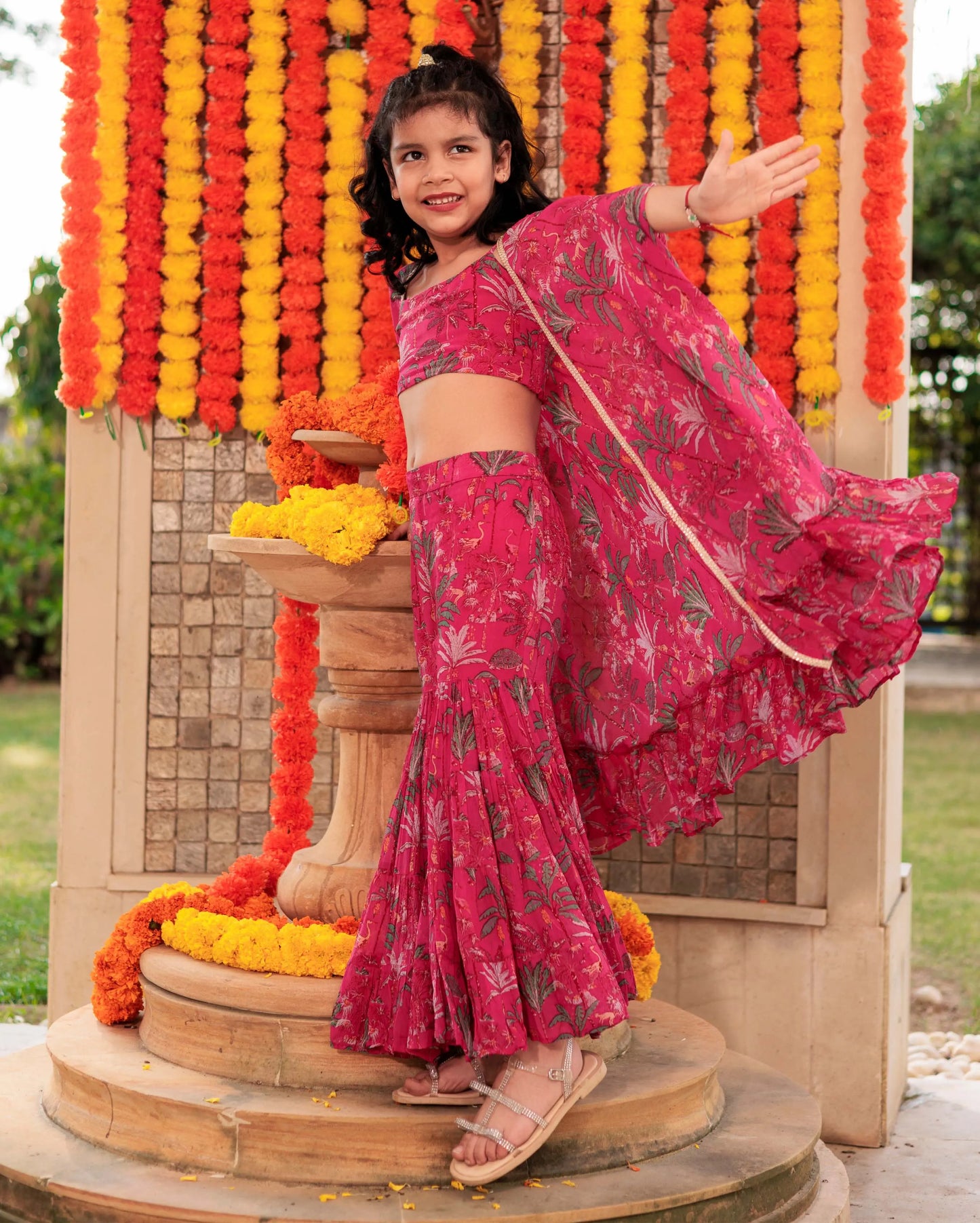 Puddle Petals Pink Georgette Cape Sharara Set My Store