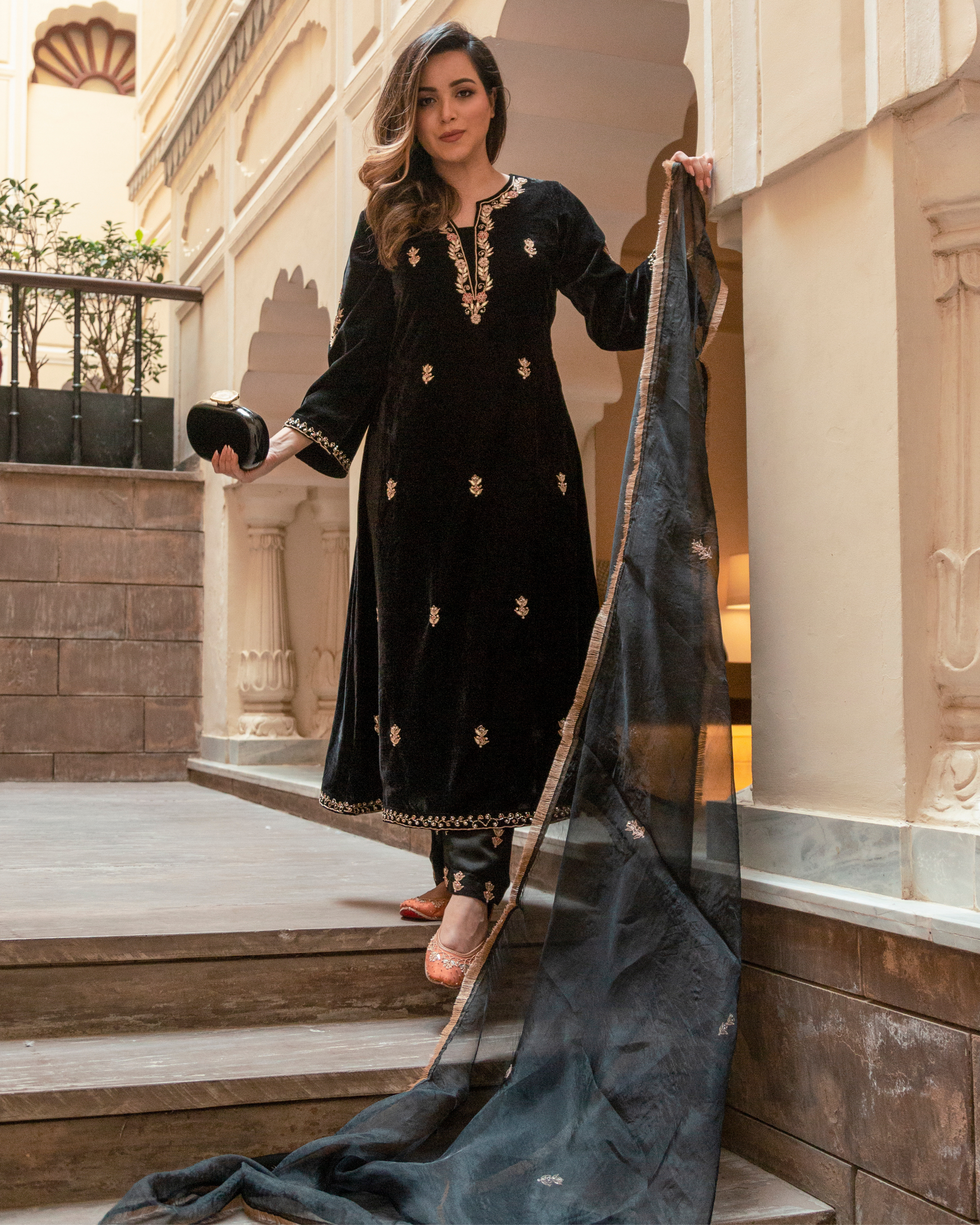 Slate Black Velvet Handcrafted Suit Set Quick Cart