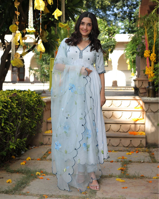 Blue Blossom Handpainted Cotton Silk Suit Set My Store