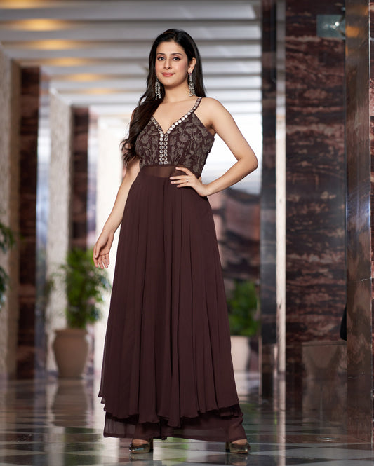 Shriya Brown Embroidered Georgette Kurta Set Quick Cart