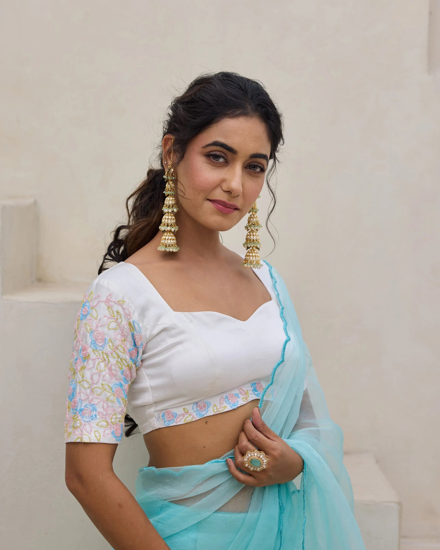 Meadow Whisper White Chanderi Embroidered Blouse My Store