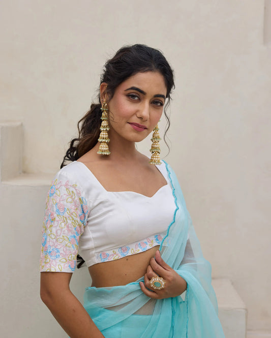 Meadow Whisper White Chanderi Embroidered Blouse My Store