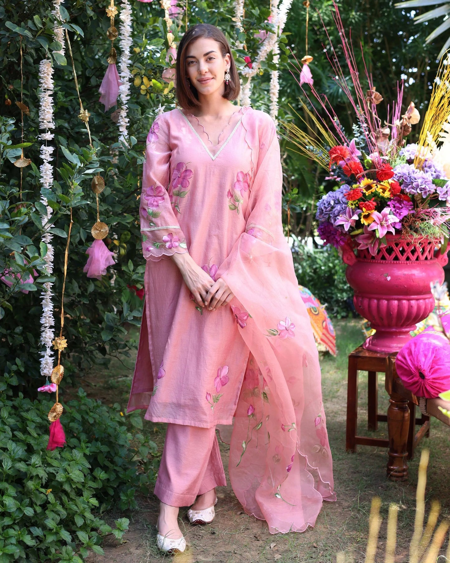 Peach Dream Handpainted Chanderi Suit Set My Store