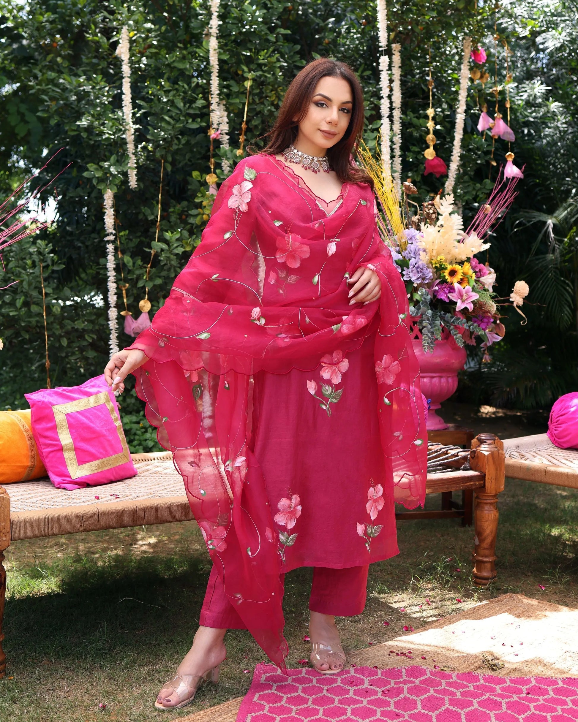 Berry Bliss Magenta Handpainted Chanderi Suit Set My Store