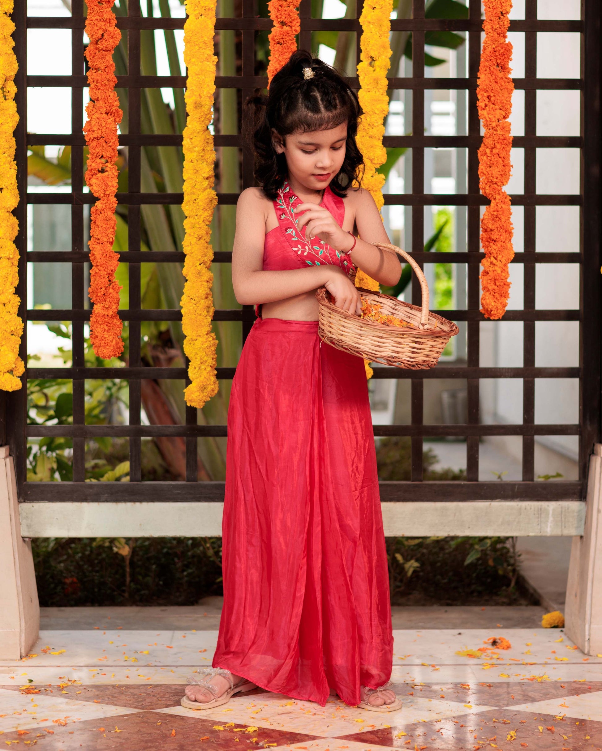 Blushing Bloom Red Silk Drape Skirt Coord Set My Store