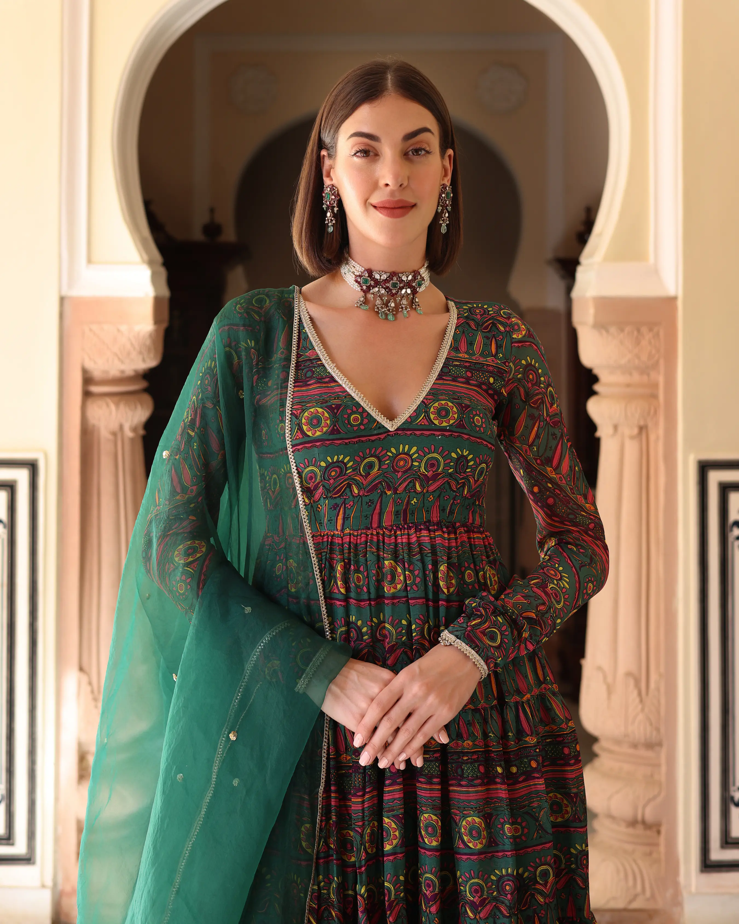 Dune Green Printed Chinon Suit Set My Store