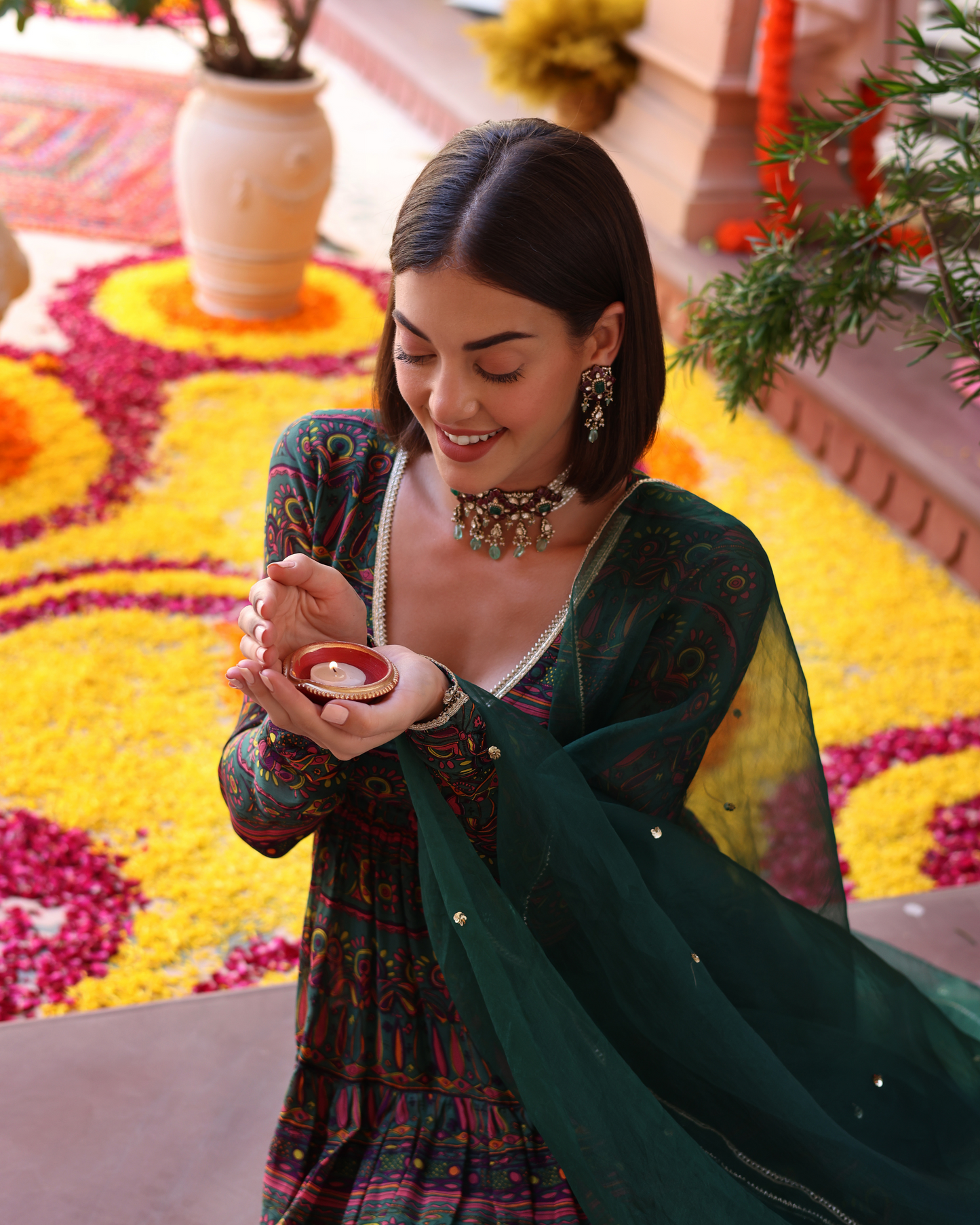 Dune Green Printed Chinon Suit Set Quick Cart