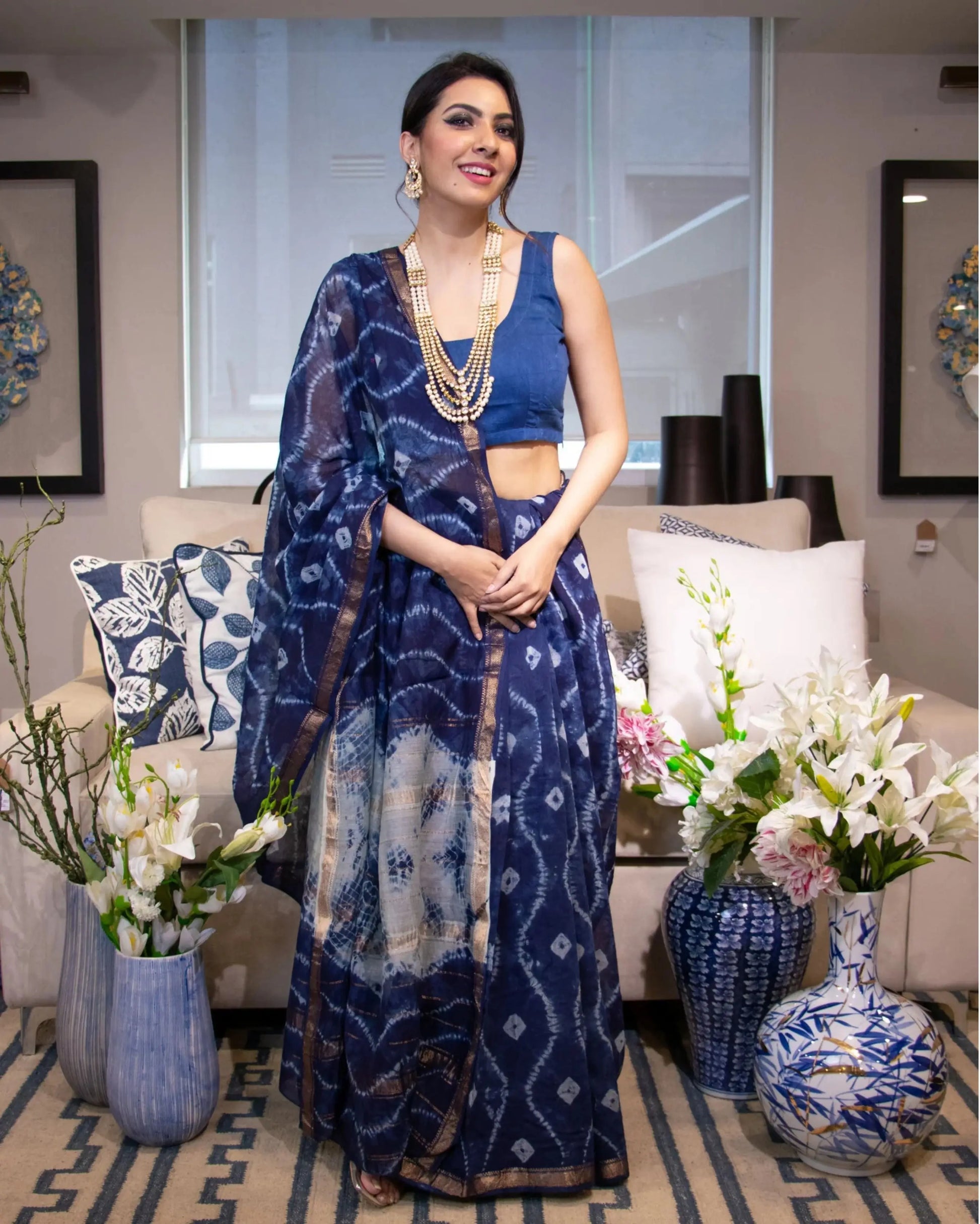 Meadow Melody Blue Chanderi Sleeveless Blouse My Store