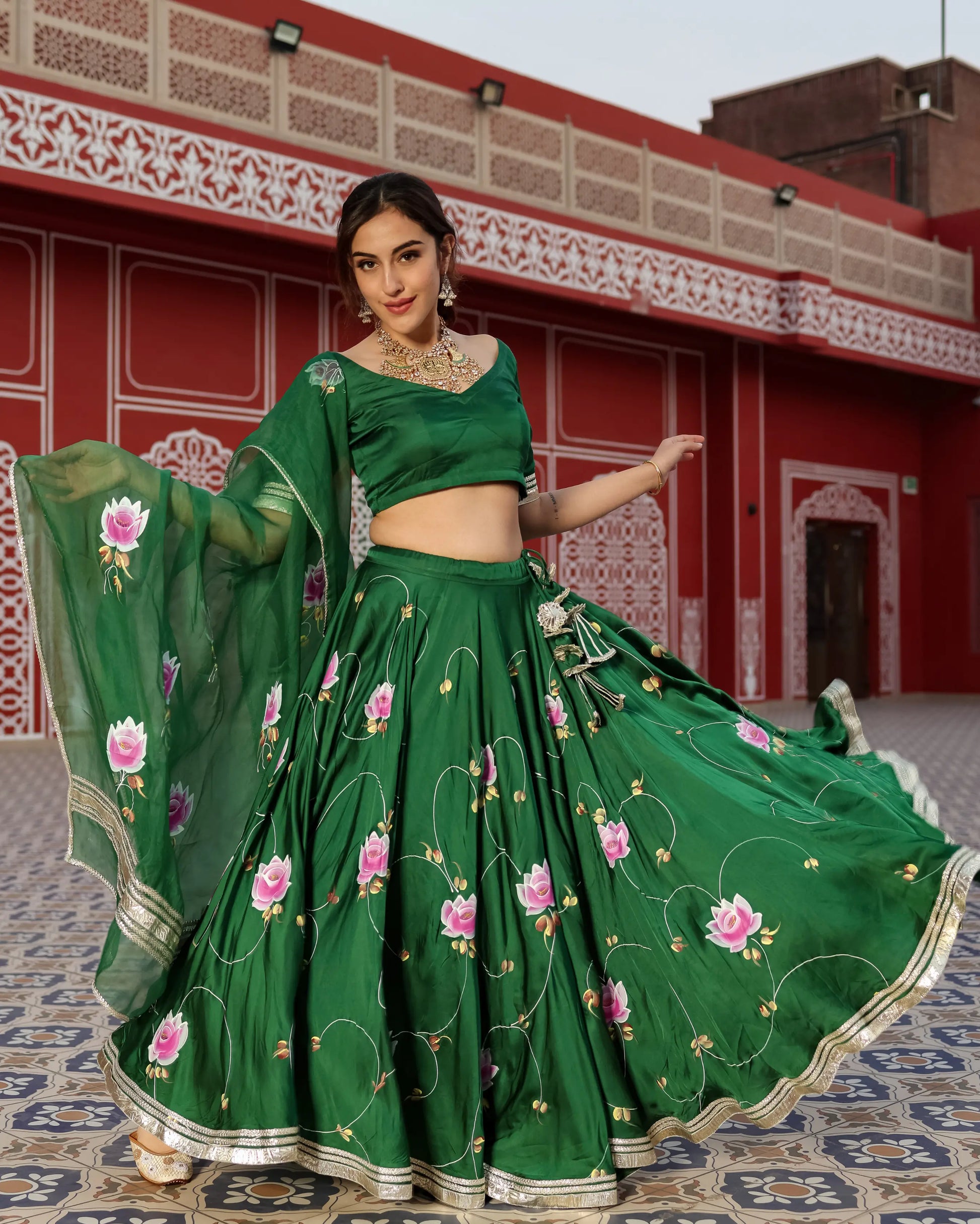 Formal Green Handpainted Lehenga Set My Store