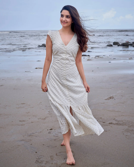 Parakeet White Solid Cotton Schiffli Dress My Store