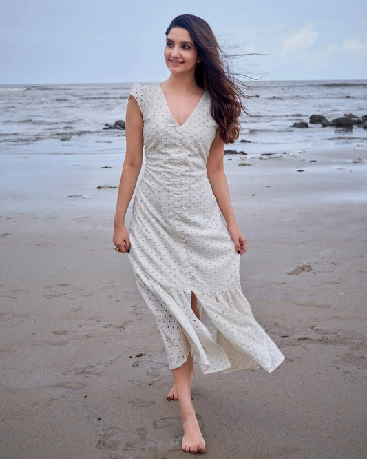 Parakeet White Solid Cotton Schiffli Dress My Store