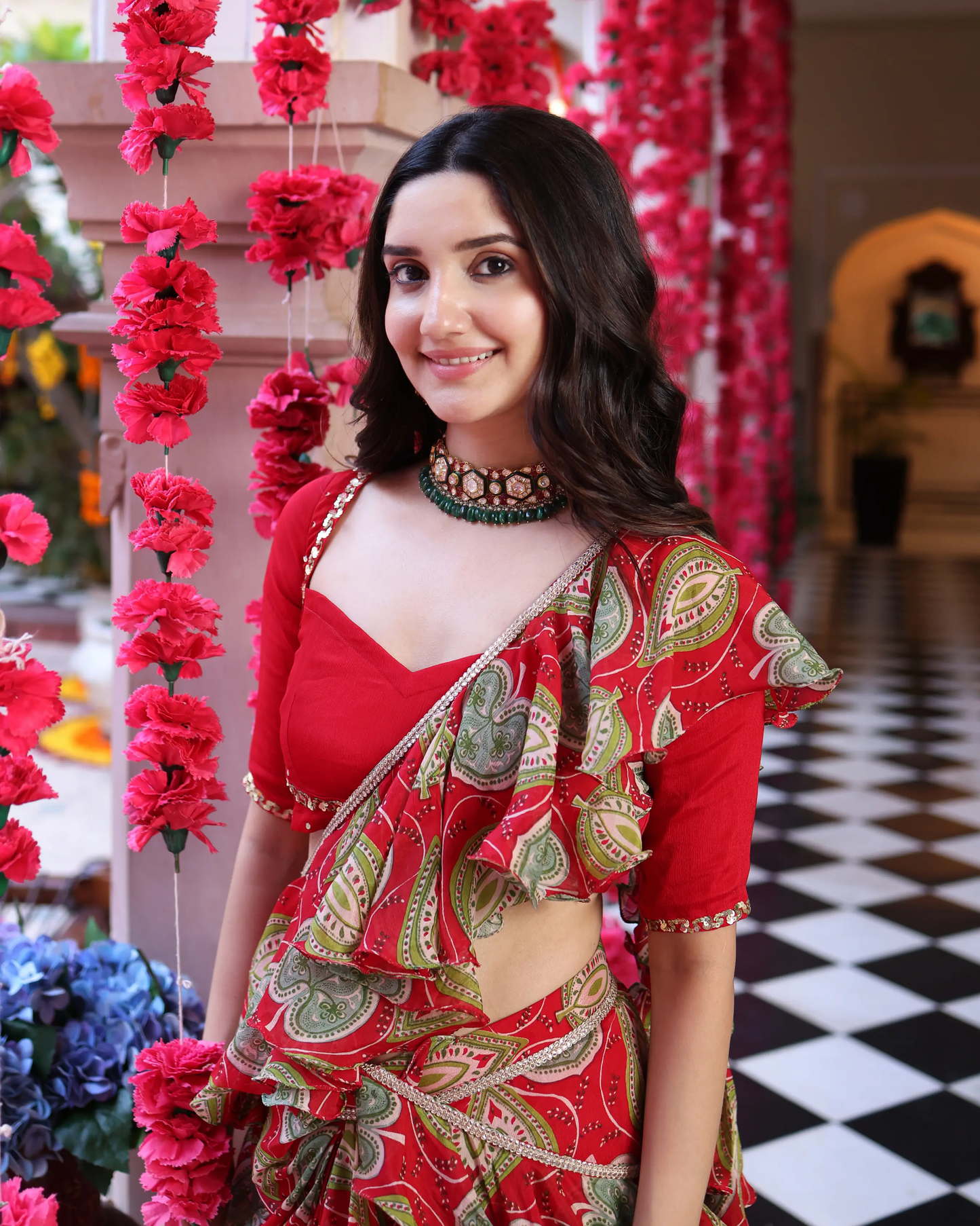 Ashen Red Bloom Printed Chinon Pre Draped Saree My Store