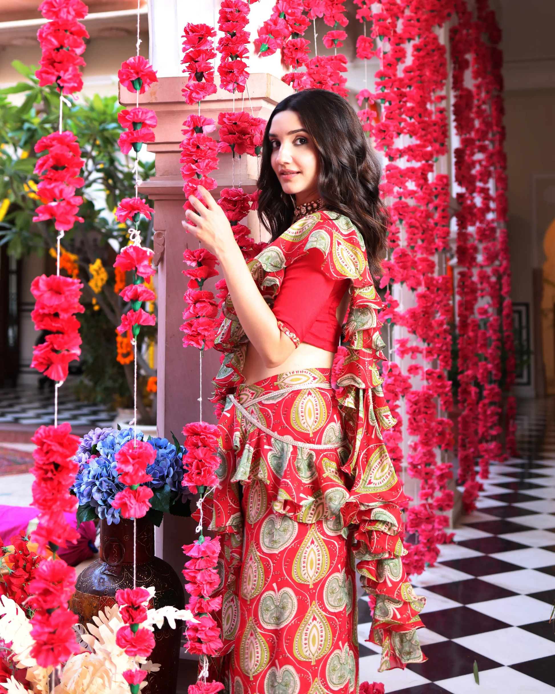 Ashen Red Bloom Printed Chinon Pre Draped Saree My Store