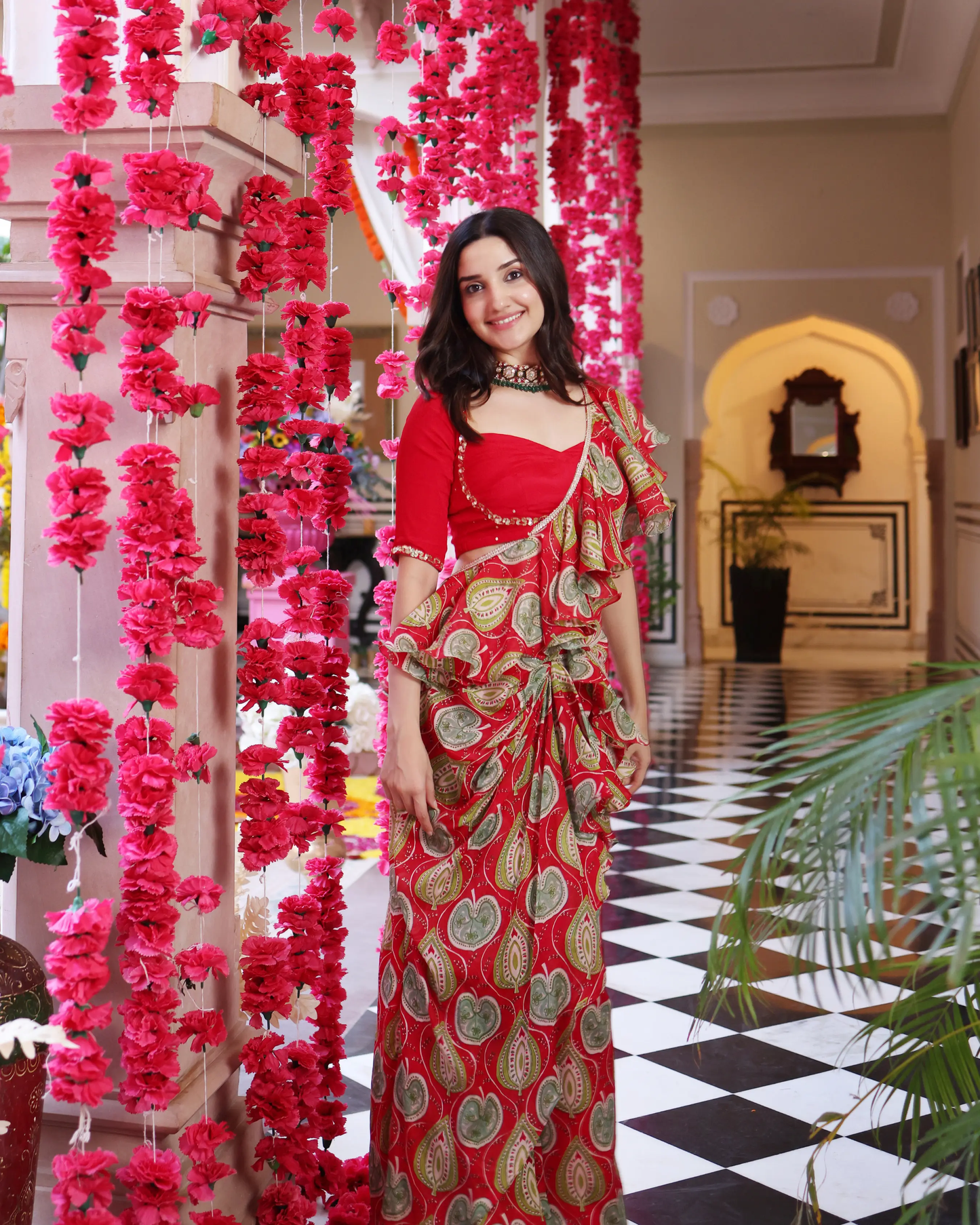 Ashen Red Bloom Printed Chinon Pre Draped Saree My Store