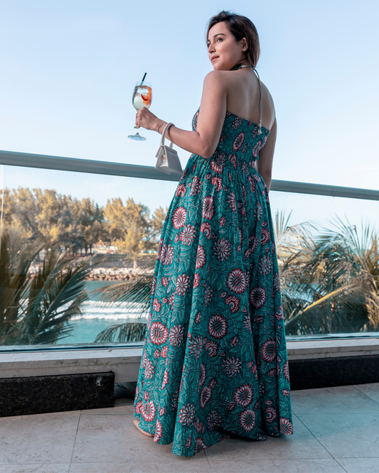 Basil Green Smocked Cotton Dress Quick Cart