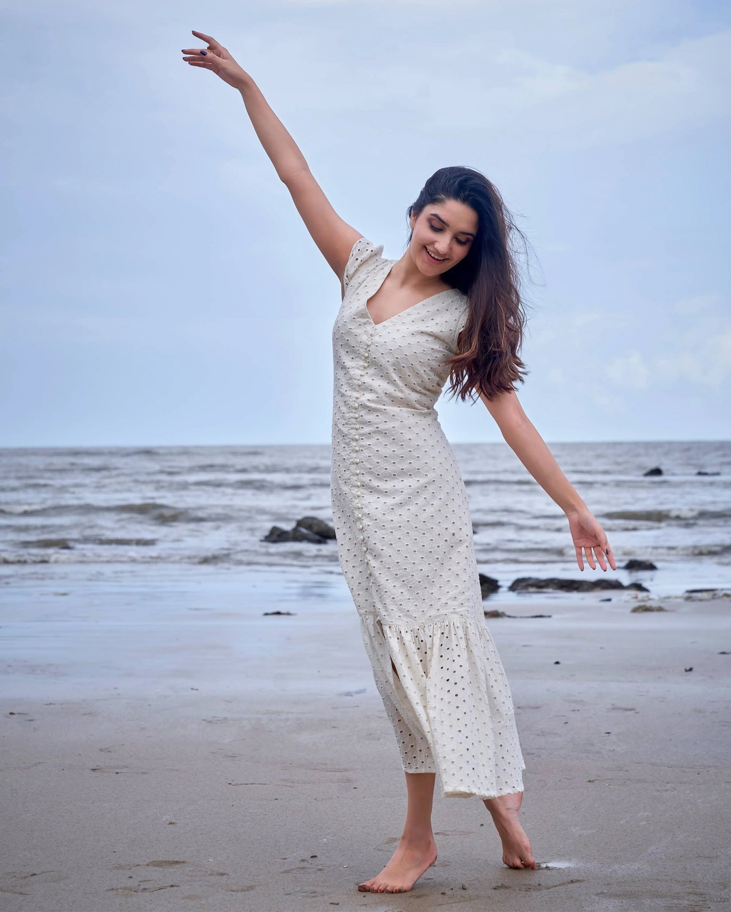 Parakeet White Solid Cotton Schiffli Dress My Store