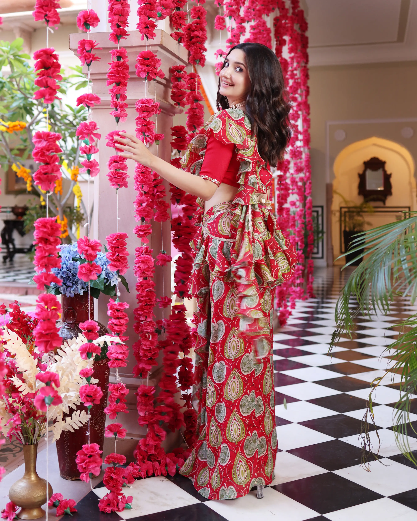 Ashen Red Bloom Printed Chinon Pre Draped Saree My Store