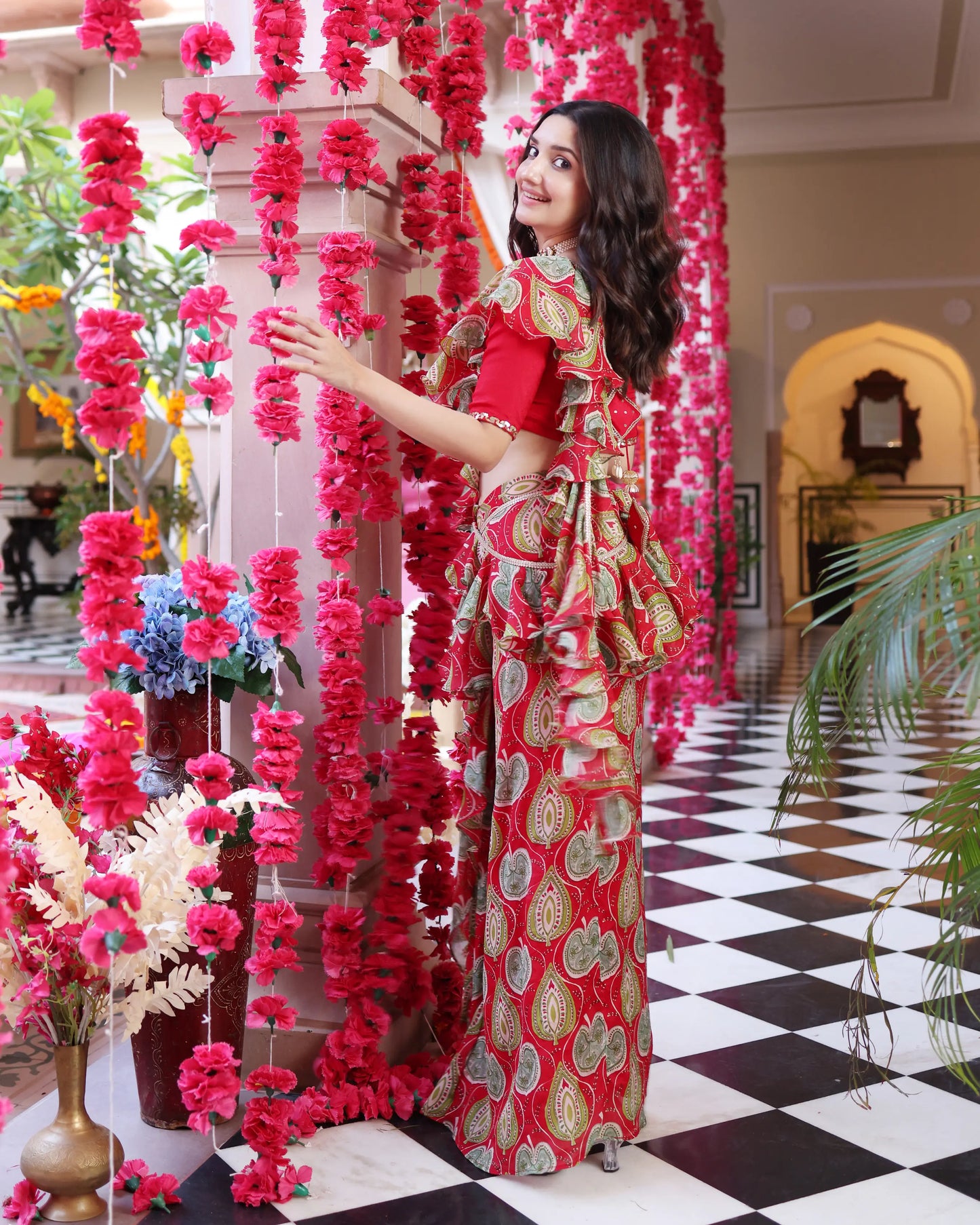 Ashen Red Bloom Printed Chinon Pre Draped Saree My Store