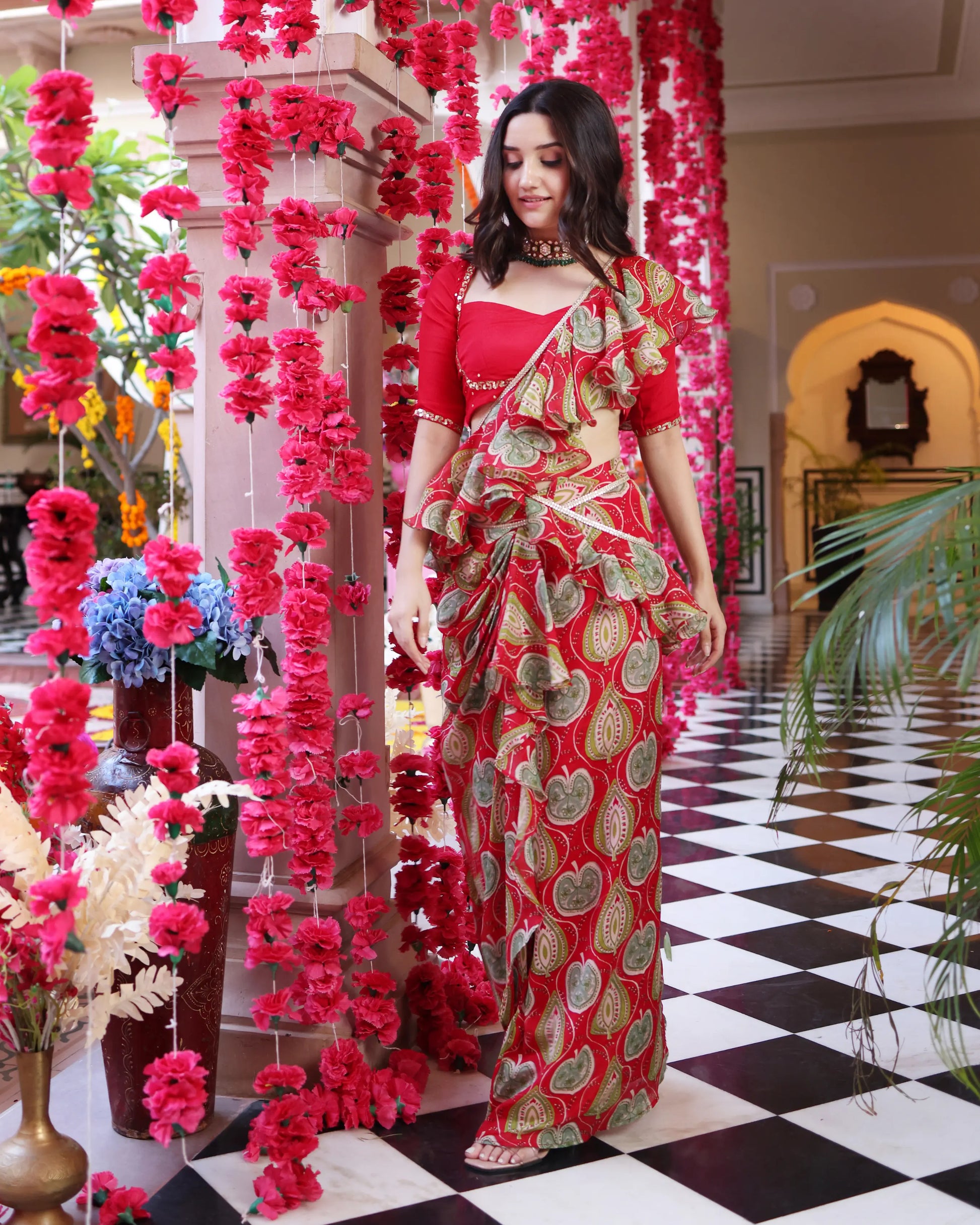 Ashen Red Bloom Printed Chinon Pre Draped Saree My Store