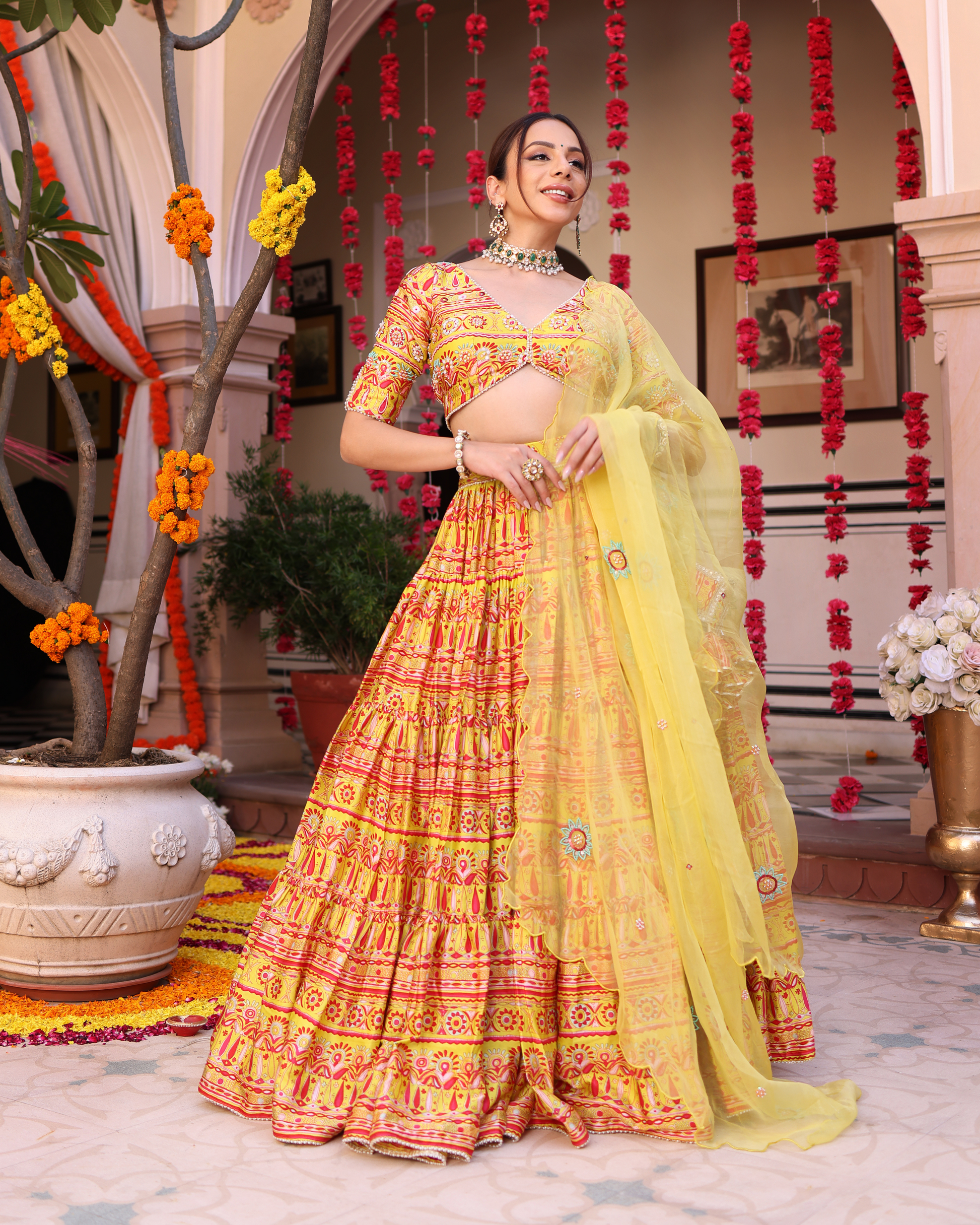Sunshine Blooms Yellow Printed Satin Lehenga Set Quick Cart