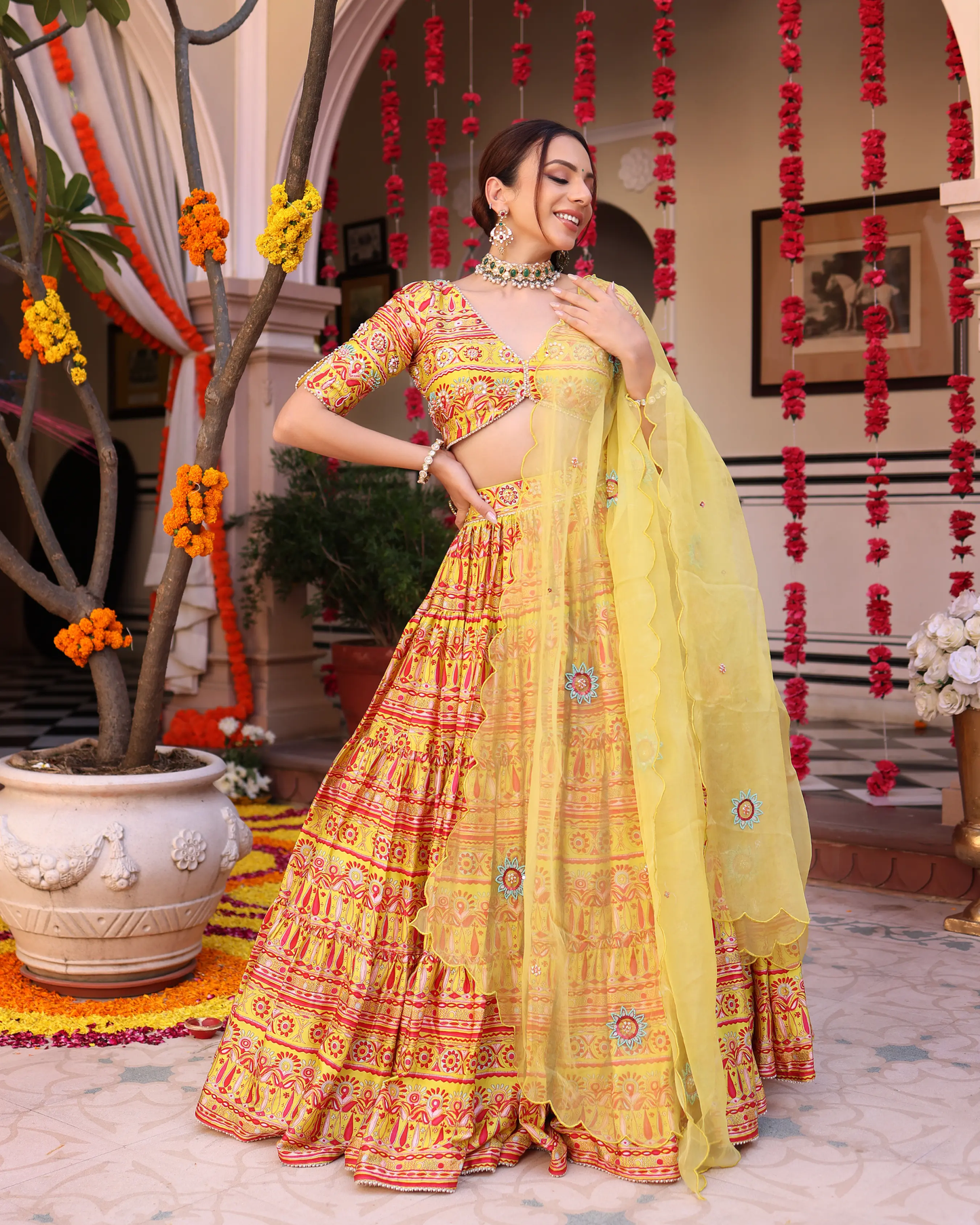 Sunshine Blooms Yellow Printed Satin Lehenga Set My Store
